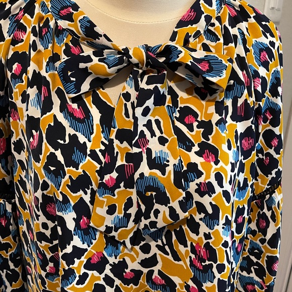 Jade Melody Tam Leopard Print Tie Neck, Ladder Trim Raglan Balloon Sleeve Blouse - Picture 6 of 6